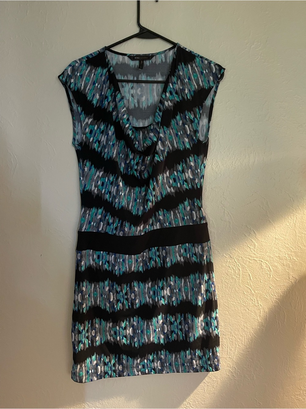 BCBGMaxAzria Black, Teal & Aqua Cowl-Neck Mini Dress